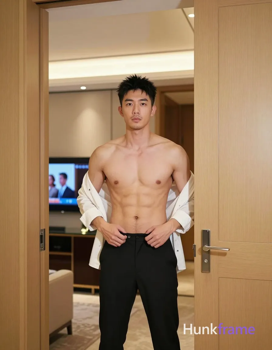 Asian man with short spiky black hair, light-medium skin tone, clean-shaven chin and upper lip with light jawline stubble; Shirtless torso displaying defined collarbones and visible abdominal musculature stands upright in a doorway frame, torso angled slightly leftward; He grips the waistband of his black tailored trousers at hip level with both hands as if adjusting them while sleeves are rolled to forearm on a white long-sleeve button-up shirt held off-body or implied by context; Full-body shot from head to mid-thighs framed between wooden sliding doors, partially obscured by doorframe on right side within a luxury hotel room interior featuring light wood paneling and glass TV console displaying HF broadcast; Soft ambient indoor lighting with recessed ceiling spotlights casting even illumination over clean lines and minimalist decor for high-end hospitality aesthetic; FULL GARMENT TEXT REPLACEMENT: remove every source garment word, sentence, slogan, logo, and partial brand spelling from every existing print area, then replace those source marks with only the wordmark, spelled exactly "HF"; This is; single clean uninterrupted photograph with a cohesive editorial composition and plain continuous surrounding surfaces
