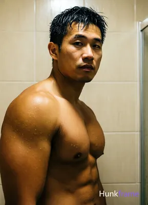 Asian man with tanned skin stands shirtless in an indoor bathroom, torso angled right and head turne