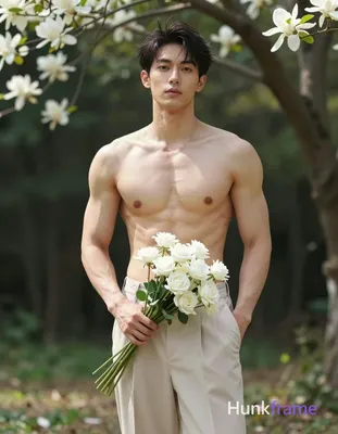 Asian man with light-medium skin standing upright in an outdoor wooded area, torso facing forward. H