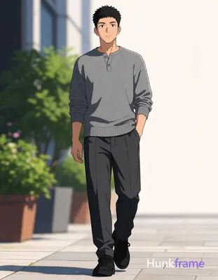 Asian man with short black textured hair and neat fringe walking forward in polished anime 2.5D next