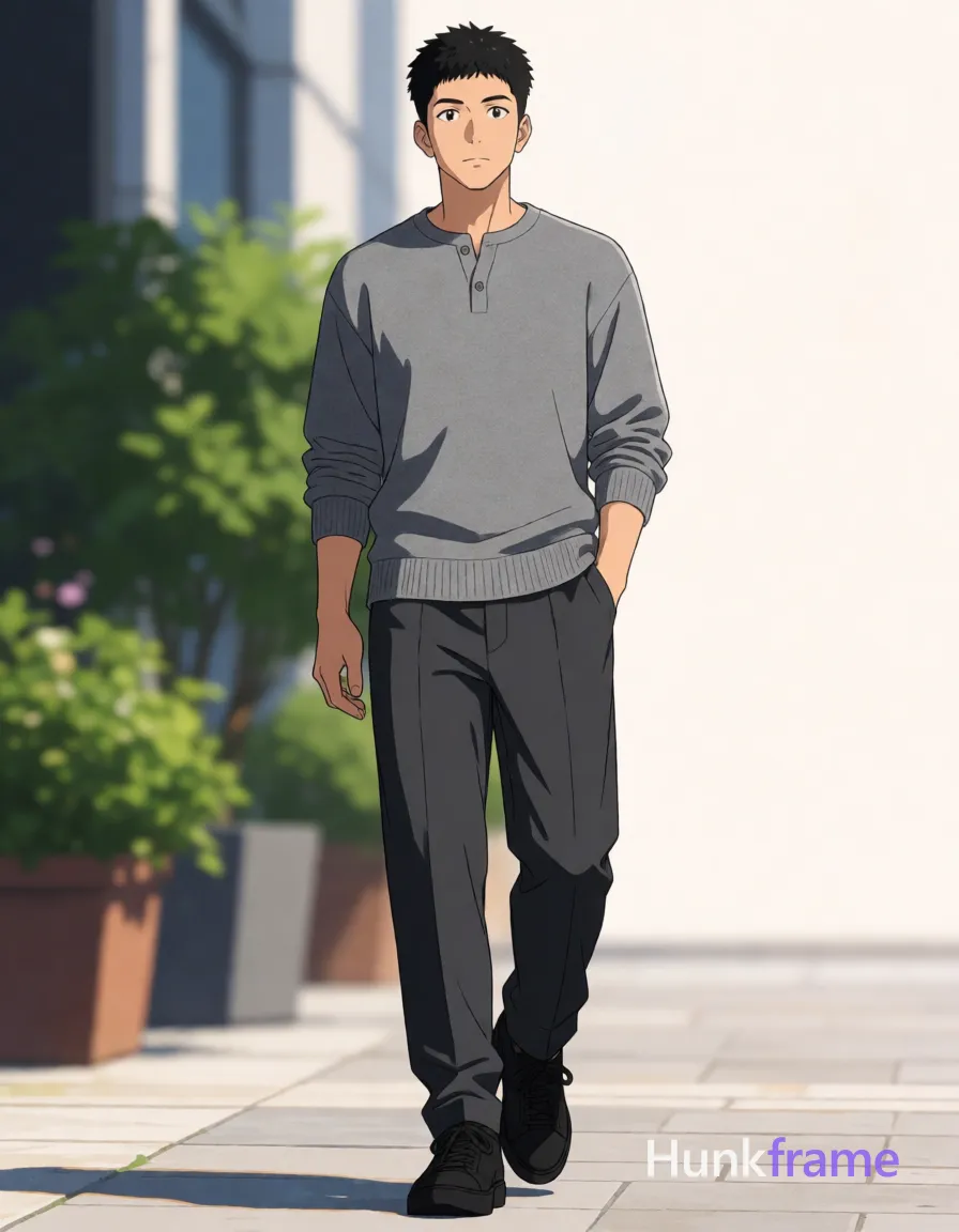 Asian man with short black textured hair and neat fringe walking forward in polished anime 2.5D next-gen game art style, grey long-sleeve henley sweater with ribbed hem over dark grey loose-fitting trousers and black low-top sneakers; Clean composition features expressive face and athletic anatomy under high-contrast natural lighting, shallow depth of field blurring potted greenery and architectural background; single clean uninterrupted artwork with a cohesive composition and plain continuous surrounding surfaces