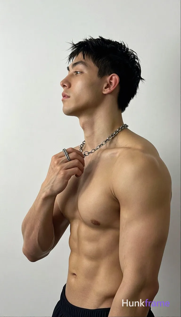 Asian adult man, light to medium tan skin, short textured black hair tapered sides clean-shaven face; Shirtless torso with defined pectorals and visible abdominal musculature standing in profile facing left; Waist-up portrait occupying right two-thirds of frame against plain background; One hand holding a silver chain necklace with circular clasp near neck; unseen hand from left edge holds the ring lifting subject's chin upward; High-key studio lighting, soft shadows, monochromatic palette dominated by skin tones and metallic accents; Vertical 13:19 aspect ratio, clean composition emphasizing masculine anatomy, shot on iPhone 15 Pro main camera, authentic smartphone computational photography, natural Smart HDR and true-to-life skin texture, vertical 9:16 Xiaohongshu lifestyle feed, bright clean everyday scene, unretouched phone photo with subtle sensor grain, trendy Chinese internet 网红 aesthetic, candid influencer energy; single clean uninterrupted photograph with a cohesive editorial composition and plain continuous surrounding surfaces