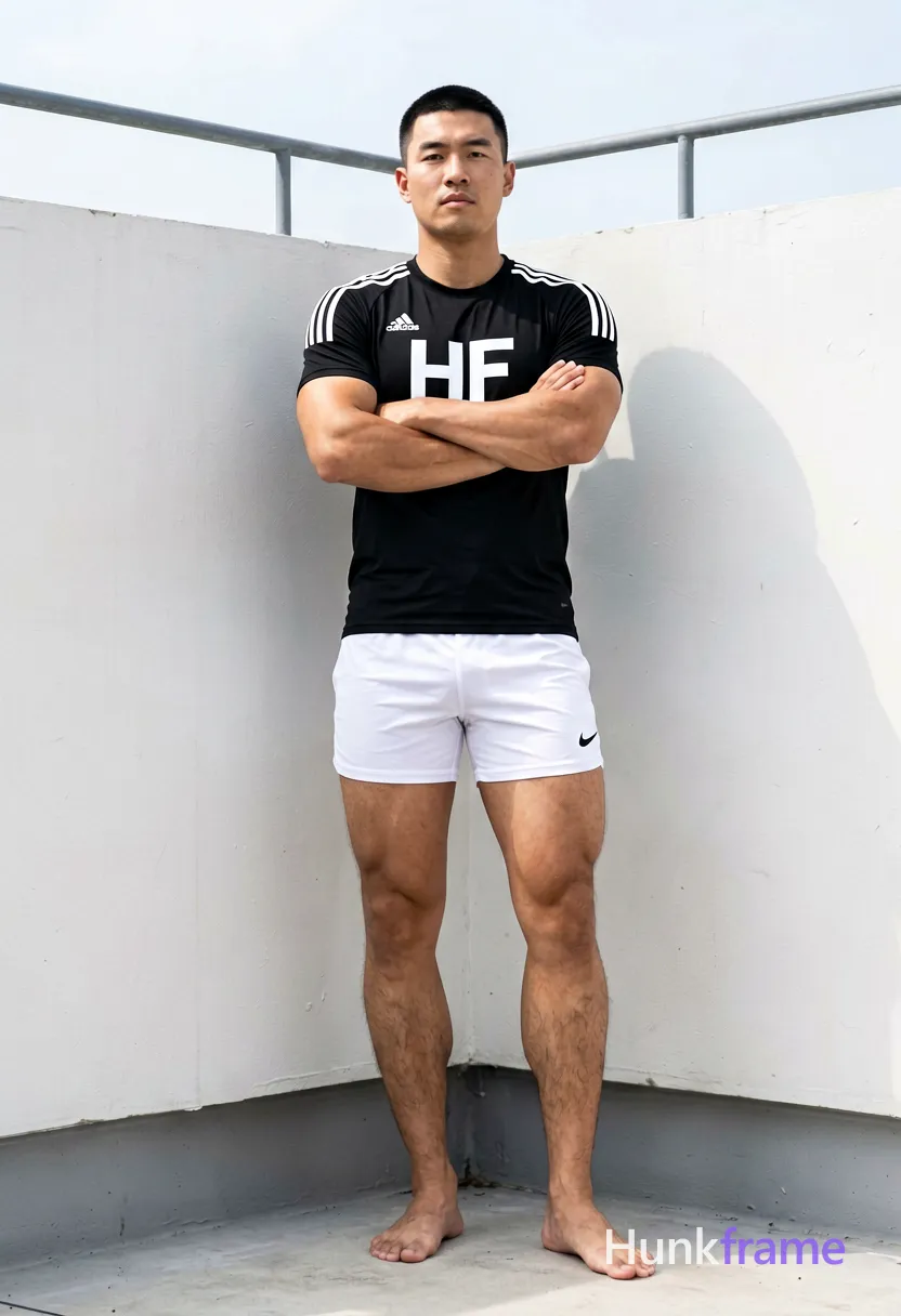 Asian man with short black buzz cut and clean-shaven face, standing leaning against a white concrete corner wall in an outdoor rooftop setting. He wears a fitted black an anonymous figure home jersey with white Adidas stripes on shoulders and 'HF' sponsor text across chest, paired with white athletic shorts featuring a small black Nike swoosh on the lower left leg. Arms crossed tightly over his broad shoulders; weight shifted slightly to left leg while right foot is flat and left foot angled outward. Full-body shot from head to feet with slight upward angle, centered vertically occupying middle third of frame horizontally. Bright natural daylight creates soft shadows against diffused sunlight, highlighting thick muscular legs with defined quadriceps and hamstrings under the jersey. Minimalist background with high contrast between dark fabric and white surroundings, metallic gray railing overhead against bright sky. Clean composition emphasizing sculpted masculine physique in fine-art fashion editorial photography. FULL GARMENT TEXT REPLACEMENT: remove every source garment word, sentence, slogan, logo, and partial brand spelling from every existing print area, then replace those source marks with only the wordmark, spelled exactly "HF". This is replacement, never addition: no original source letters may remain beside or behind it. Repeated "HF" marks are allowed only where the source garment already had printed text; preserve appropriate placement, typography, color, and scale. No other visible text, logo, caption, username, hashtag, comment, watermark, or UI chrome., wearing underwear or swim trunks, covered genitals, no frontal nudity, a single uninterrupted photograph only, no written words or typography anywhere in frame, no captions, no app UI, no social-media post layout, no screenshot borders