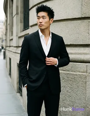 Asian man with short textured black hair styled upward and back, clean-shaven face, neutral composed