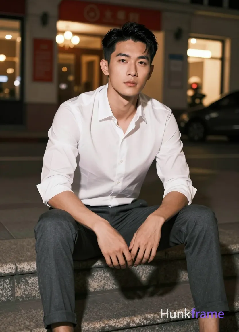 Asian man with short black straight side-parted hair and clean-shaven neck, neutral expression gazing directly at camera; Seated on stone steps in an urban night scene before a warmly lit building with red banners, legs slightly apart, hands resting between thighs with fingers loosely interlaced; Wearing white long-sleeve button-up shirt sleeves rolled to mid-forearm and dark grey slim-fit trousers cuffed at ankles; Broad shoulders, defined pectorals, toned abdomen visible under the fabric; Fully clothed adult male in high-contrast night photography style; Sharply focused subject against softly blurred background with artificial ambient street lighting and warm storefront glow; Polished evening elegance mood, fine-art fashion editorial composition; single clean uninterrupted photograph with a cohesive editorial composition and plain continuous surrounding surfaces