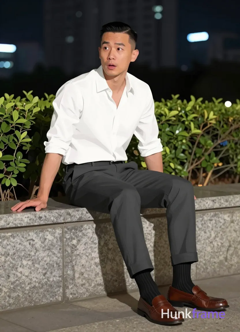 Asian man with short black side-parted slick-back hair and clean-shaven face, neutral slightly surprised expression mouth open; Seated sideways on wide stone ledge outdoors at night left leg extended flat right knee bent resting on surface torso leaning forward hands supporting thighs iconic masculine graphic design bold flat-color poster style high-contrast color blocking clean vector line no text white long-sleeve button-up shirt sleeves rolled to mid-forearm dark grey slim-fit trousers cuffed ankles black striped socks brown leather loafers dramatic nighttime lighting urban high-rise background manicured greenery fine-art photography aesthetic polished confident mood 13:19 aspect ratio; single clean uninterrupted photograph with a cohesive editorial composition and plain continuous surrounding surfaces