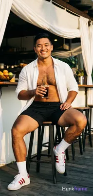 Asian man with light-medium skin and black short styled hair, clean-shaven face 