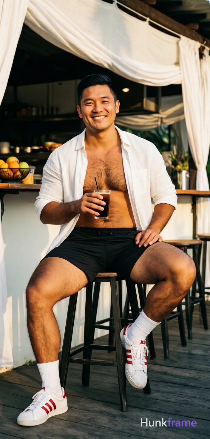 Asian man with light-medium skin and black short styled hair, clean-shaven face smiling at camera. Seated on stool legs spread apart left foot flat ground right leg bent elevated on base holding dark beverage in right hand shirtless white linen button-up open chest revealing bare torso collarbone upper abdomen wearing black athletic shorts mid-thigh white crew socks white sneakers with red stripes thick thighs defined calves rugged warm confidence broad shoulders meaty chest dense body hair. Outdoor cafe patio under white draped fabric ceiling counter behind fruit bowl kitchen equipment visible warm golden hour sunlight from right casting soft shadows neutral whites blacks skin tones relaxed confident mood full body shot knees up to head centered portrait photography natural depth of field., same aesthetic theme and photo feel as the reference but a different man in a different pose with distinct body proportions, Filipino man, golden brown skin, warm smile lines, compact muscular build, a single uninterrupted photograph only, no written words or typography anywhere in frame, no captions, no app UI, no social-media post layout, no screenshot borders