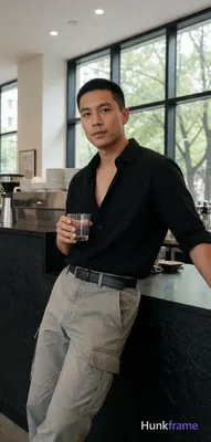 Asian man with medium-tan skin and a short black buzz cut, clean-shaven chin with light upper lip st