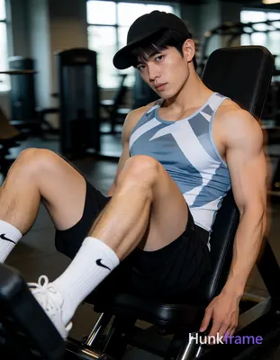 Asian man with short black straight hair and clean-shaven jaw seated on gym leg 
