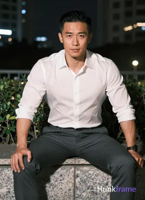 Photograph of exactly 1 adult man. Man 1: Asian, light-medium, oval with defined jawline, short blac