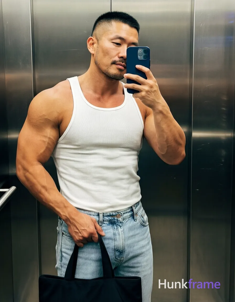 Asian man with short black buzz cut and slight upper lip stubble, highly muscular build with prominent arm vascularity; Standing upright facing slightly left in an elevator mirror reflection, right hand holding dark blue smartphone against cheek for selfie, left hand gripping black tote bag handle at hip level; Wearing white ribbed muscle tank top exposing bare shoulders and deltoids, light-wash denim jeans with button fly; Vertical full-body crop from head to mid-thighs; Soft ambient indoor lighting highlights skin texture on brushed stainless steel walls; Naturalistic smartphone color grading, confident homoerotic aesthetic; single clean uninterrupted photograph with a cohesive editorial composition and plain continuous surrounding surfaces
