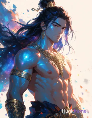 Asian man with blue-tinted cosmic skin and glowing highlights, long dark hair in