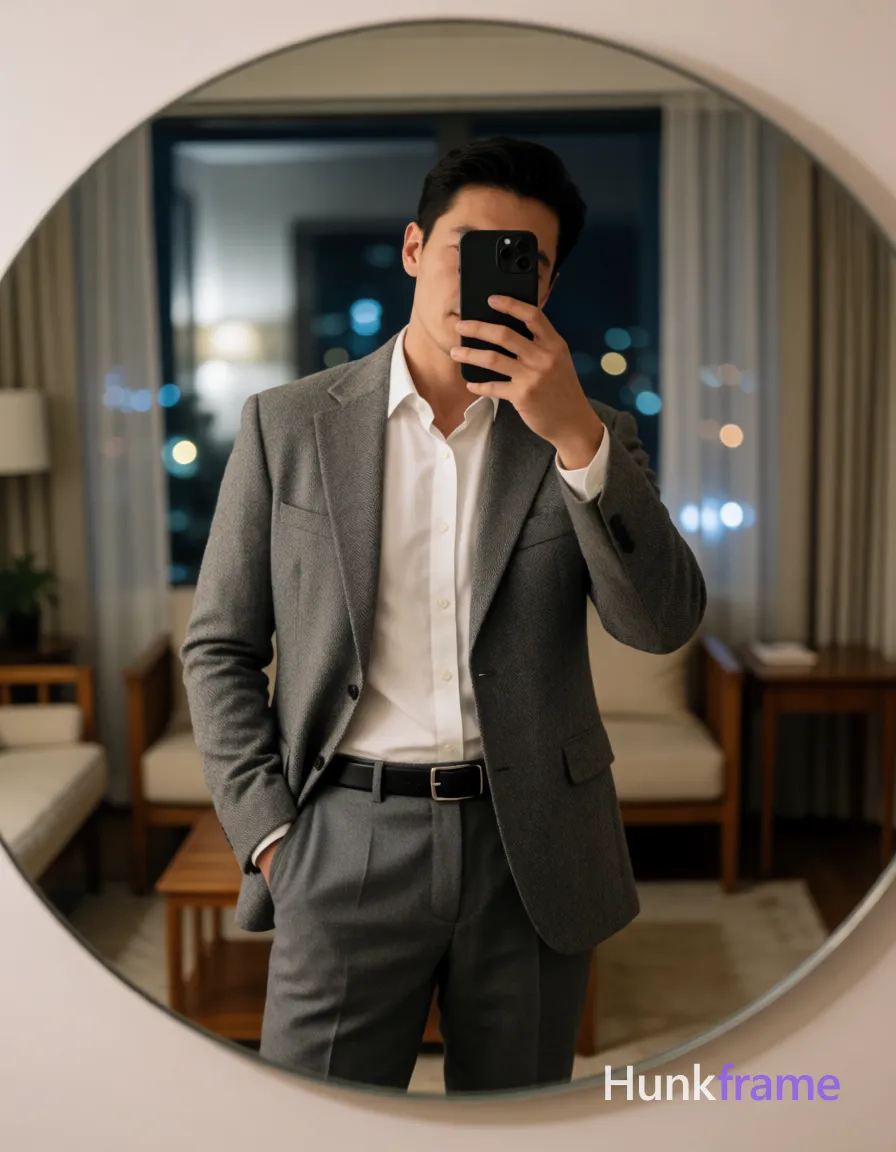 Shirtless adult man with defined abdominal musculature including rectus abdominis segments, obliques, and lower abs, broad shoulders, narrow waist standing in front of a round mirror taking a selfie; Left hand holding black smartphone to face obscuring eyes/nose/mouth; right hand inserted into right trouser pocket with elbow bent outward; torso angled slightly toward camera; head tilt; Wearing open grey textured suit jacket (single-breasted, two visible buttons), white collared dress shirt unbuttoned at top exposing bare chest and abdomen, grey tailored trousers matching the jacket, black leather belt with silver rectangular buckle; Indoor room with large window covered by sheer curtains showing blurred city lights at night; wooden furniture including sofa and side table visible in background reflection; Soft ambient indoor lighting creating gentle shadows on torso musculature; reflected light from smartphone screen illuminating part of face/hand; Waist-up shot framed by round mirror, centered within circular mirror reflection, occupying majority of frame vertically from waist up to obscured head; Mirror selfie composition, fashion editorial aesthetic, fine-art photography; single clean uninterrupted photograph with a cohesive editorial composition and plain continuous surrounding surfaces