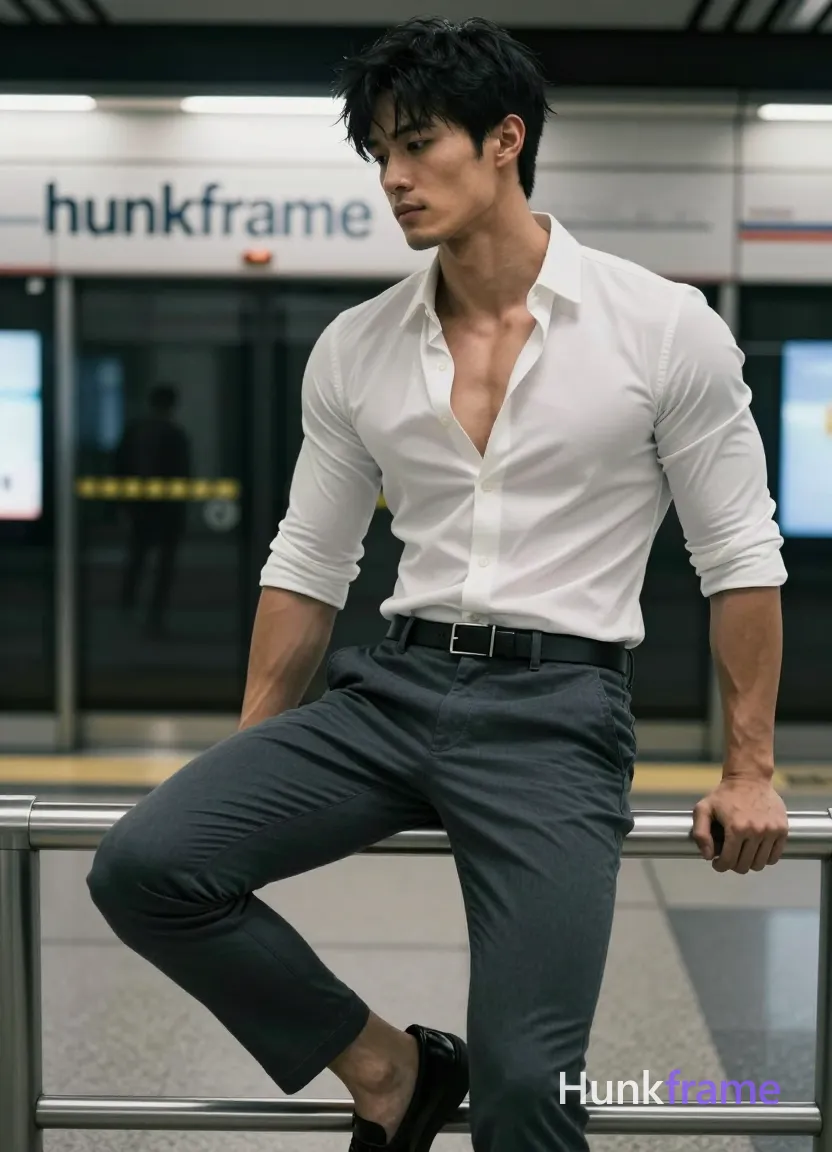 Asian man with light-medium skin, black short textured crop top hair and side-swept bangs. Clean-shaven chin and upper lip with light jawline stubble. Seated on metal railing in subway station, right leg bent foot resting on lower rail, left leg extended downward, torso angled forward leaning back against railing. White long-sleeve button-down shirt top 3 buttons undone revealing upper chest below collarbones; dark gray slim-fit trousers belt loops black leather belt silver rectangular buckle. Broad shoulders defined pectorals visible abdominal definition thick thighs. Athletic gym photography style dramatic directional light confident strength high-resolution detail capture naturalistic color grading slight cool undertones typical of indoor transit environments. Blurred station interior background signage distant pedestrians soft shadows calm confidence urban sophistication quiet intensity portrait centered occupying majority frame head to mid-thighs. FULL TEXT REPLACEMENT: remove every original source word, sentence, slogan, logo, and partial spelling from the text-bearing area, then replace it with only the wordmark, spelled exactly "hunkframe" on the sign in the composition. This is replacement, never addition; no original source letters may remain. Preserve appropriate typography and scale. No other visible text, logo, caption, username, hashtag, comment, watermark, or UI chrome., a single uninterrupted photograph only, no written words or typography anywhere in frame, no captions, no app UI, no social-media post layout, no screenshot borders
