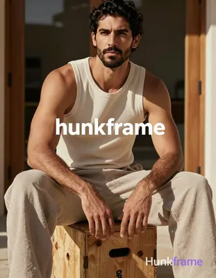 Seated adult man on wooden crate, torso angled right, left arm resting along thigh with hand near kn