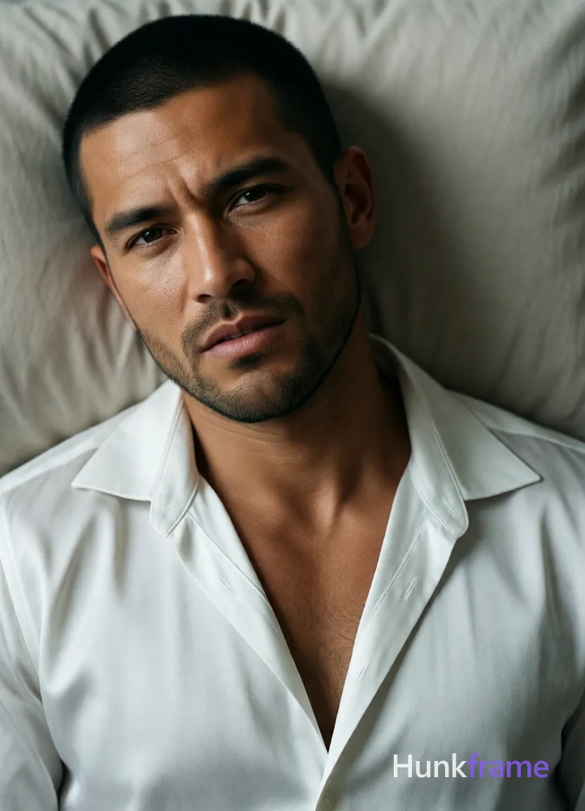 an anonymous figure man with light to medium tan skin texture and pores, short black buzz cut, light stubble on chin; head tilted slightly left against pillow shoulders relaxed; Wearing white satin button-down shirt with wide collar and deep V-neck exposing upper chest only; Soft directional lighting from front-left creates subtle shadows on right side of face; High-resolution skin detail, minimalist composition tight framing on expressive grimacing face and torso; XHS lifestyle photography style; single clean uninterrupted photograph with a cohesive editorial composition and plain continuous surrounding surfaces