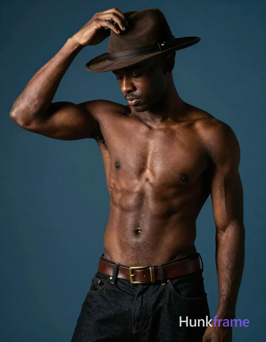 Black man with dark brown skin and short black hair under a hat, clean-shaven face with downcast serious eyes. Standing in 3/4 profile facing left, right hand raised to brim of brown fedora adjusting it while head tilts down; left arm relaxed at side. Shirtless torso displaying muscular chest and abs, defined pectorals, six-pack abs, broad shoulders against dark denim jeans (black or dark indigo) with a brown leather belt featuring brass buckle. Portrait waist-up centered crop from upper thighs to above head against solid teal-blue studio backdrop. Dramatic high-contrast editorial lighting casts strong highlights on bronze skin and deep shadows under hat brim; fashion-magazine aesthetic, sculpted physique emphasis., a single uninterrupted photograph only, no written words or typography anywhere in frame, no captions, no app UI, no social-media post layout, no screenshot borders