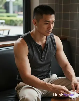 Photograph of exactly 1 adult man. Man 1: Asian, medium-tan, square-jawed with defined cheekbones, s