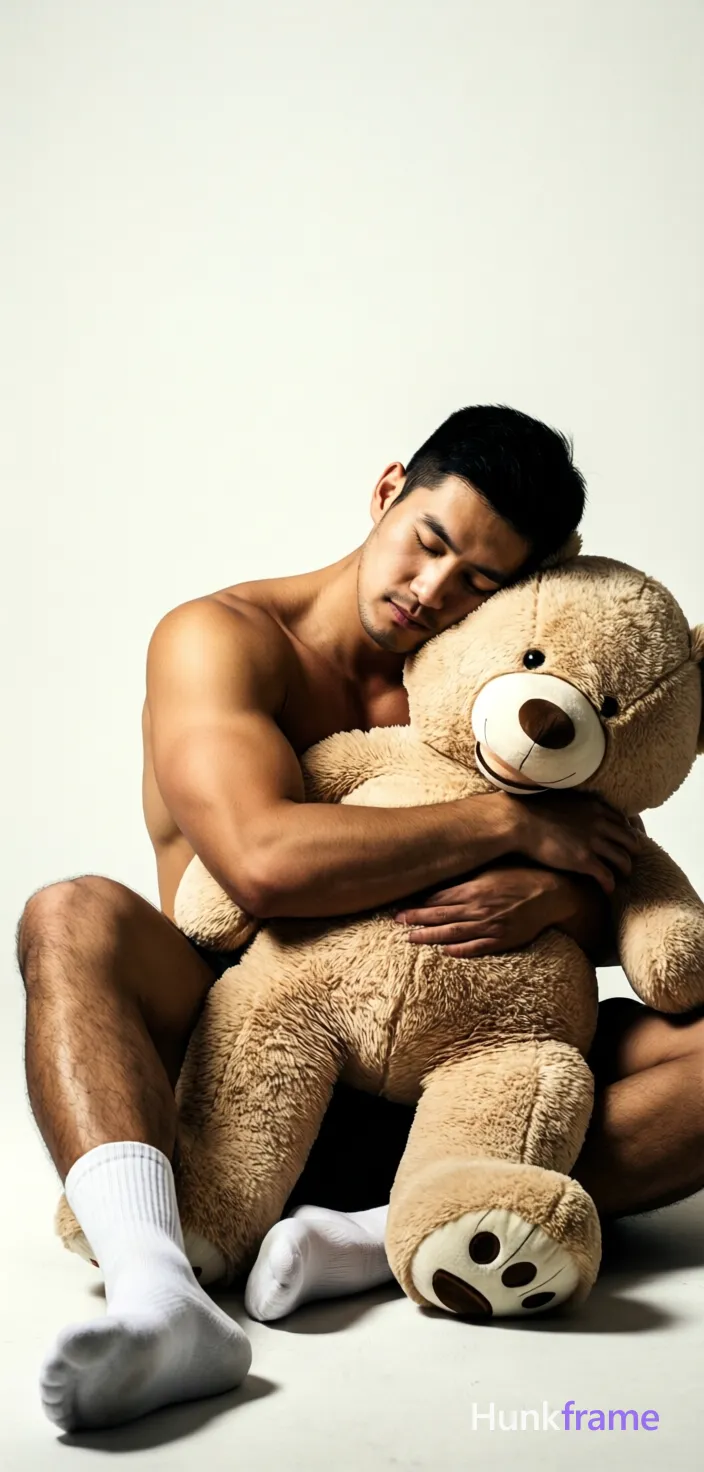 Striking full-bleed vertical wallpaper adult man with short black hair and clean-shaven face, eyes closed resting head on a large beige teddy bear's shoulder. Seated leaning forward hugging the bear tightly with both arms wrapped around its body. Shirtless bare chest exposing sculpted shoulders and thick thighs visible as left leg extends outward in white crew sock while right leg bends inward also in white sock. High-contrast studio lighting from left casting subtle shadows on right arm against plain off-white background, clean composition with negative space above subject., a single uninterrupted photograph only, no written words or typography anywhere in frame, no captions, no app UI, no social-media post layout, no screenshot borders