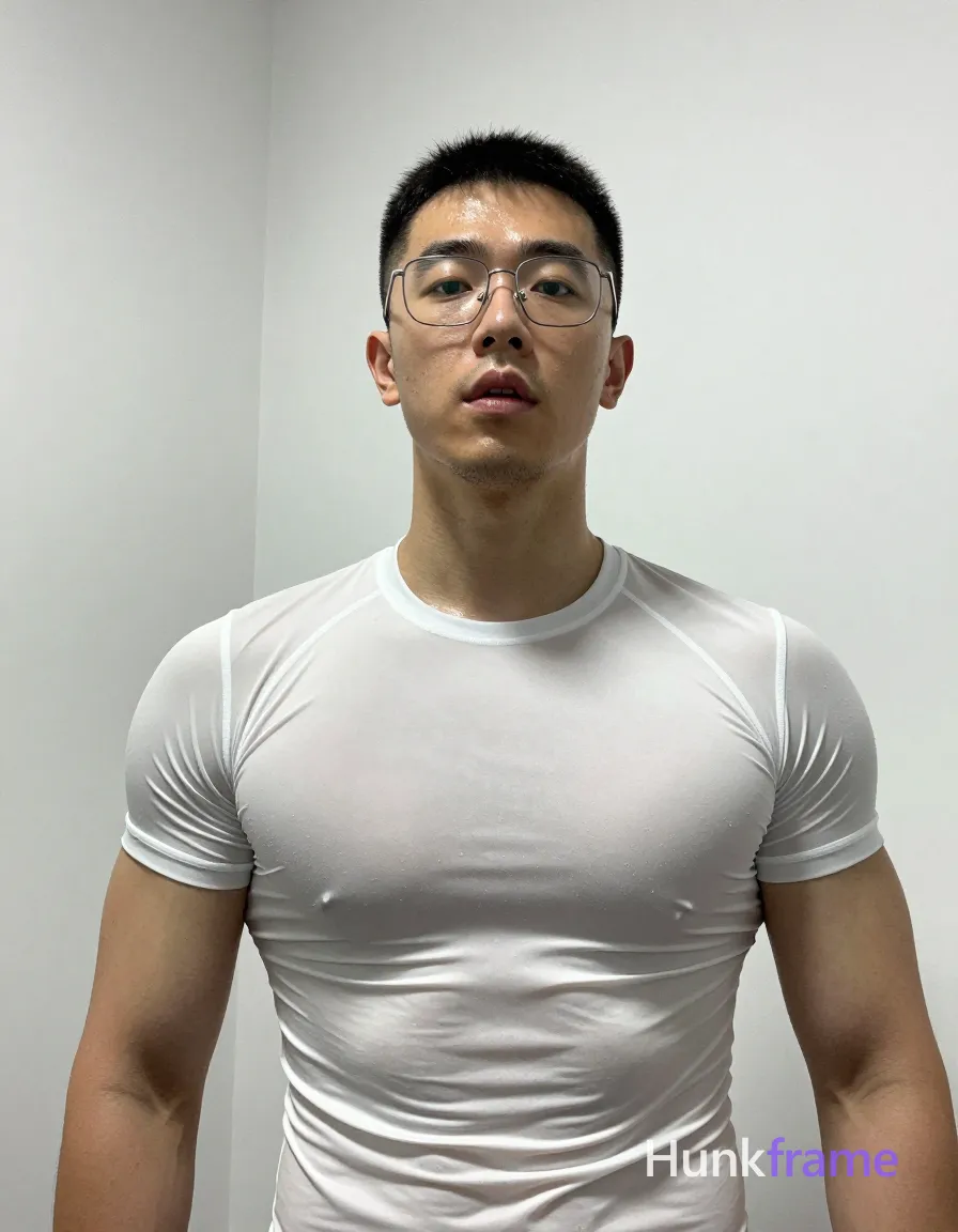 an anonymous figure man with short black buzz cut and metal-framed rectangular glasses, clean-shaven chin with light upper lip stubble; Standing upright facing camera with slight head tilt, mouth slightly parted in neutral surprise; Wearing white sheer an anonymous figure compression shirt revealing broad shoulders, defined pectorals, and abdominal definition through the fabric; Indoor room corner setting with white walls; Low-angle selfie perspective, high-contrast flash photography creating harsh highlights on sweaty skin texture; Vertical portrait crop at waist level; The adult man visibly wears metal-framed rectangular glasses with thin rims, clear lenses; preserve the exact frame shape, rim style, color, material, and lens tint, same aesthetic theme and photo feel as the reference but a different man in a different pose with distinct body proportions, Chinese man, light tan skin, high cheekbones, lean wiry martial-arts physique; single clean uninterrupted photograph with a cohesive editorial composition and plain continuous surrounding surfaces
