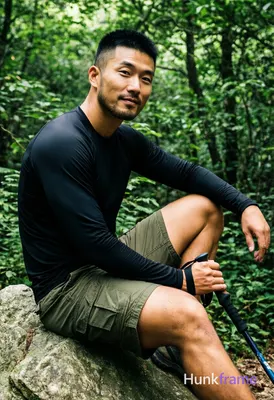 Asian man medium-tan skin short black buzz cut styled top light stubble beard se