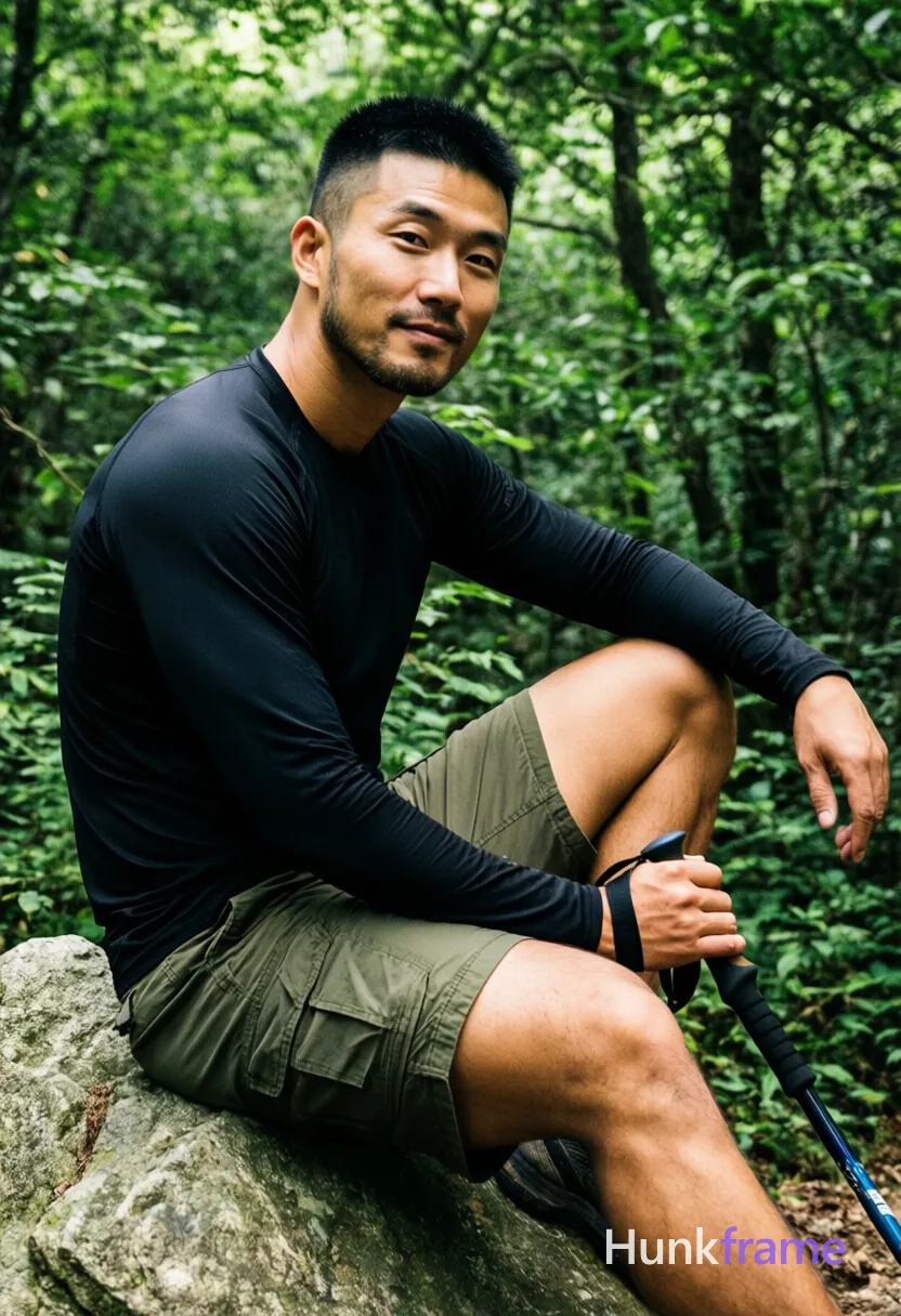 Asian man medium-tan skin short black buzz cut styled top light stubble beard seated on rock in forest torso angled left head turned to camera direct gaze neutral mouth right knee up and bent left leg extended downward out of frame holding trekking pole handle with right hand near thigh wearing black long-sleeve athletic shirt torso fully covered olive-green cargo shorts broad shoulders thick thighs dense green foliage background natural dappled light through canopy mobile phone camera aesthetic slightly grainy texture vertical portrait 13:19 aspect ratio, same aesthetic theme and photo feel as the reference but a different man in a different pose with distinct body proportions, lean Korean man, sharp jaw, monolid eyes, slim swimmer build, natural black hair, a single uninterrupted photograph only, no written words or typography anywhere in frame, no captions, no app UI, no social-media post layout, no screenshot borders