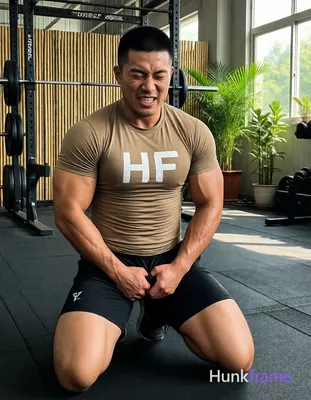 Asian man kneeling on black rubber gym floor, torso upright and slightly arched 