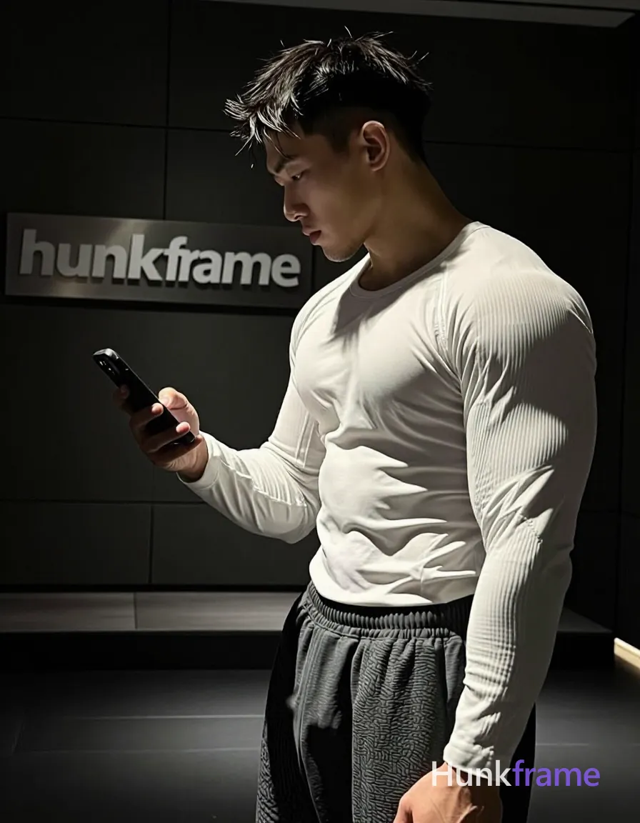 Asian man with short spiky black hair and faded undercut, clean-shaven chin with light upper lip stubble; He stands in profile facing left inside a dark gym studio, head tilted down holding a smartphone in his right hand while scrolling; He wears a tight white ribbed long-sleeve compression shirt showing broad shoulders, defined pectorals, and tight ribcage definition, paired with dark gray textured athletic shorts with visible waistband and side pocket; Dramatic directional lighting from upper-left casts strong chiaroscuro shadows across his musculature; Vertical portrait crop center-right occupying head to mid-thighs; Fine-art photography aesthetic with sculpted light; FULL TEXT REPLACEMENT: remove every original source word, sentence, slogan, logo, and partial spelling from the text-bearing area, then replace it with only the wordmark, spelled exactly "hunkframe" on the sign in the composition; This is replacement; Preserve appropriate typography and scale; No other visible text, logo, caption, username, hashtag, comment, watermark, or UI chrome, shot on iPhone 15 Pro main camera, authentic smartphone computational photography, natural Smart; single clean uninterrupted photograph with a cohesive editorial composition and plain continuous surrounding surfaces