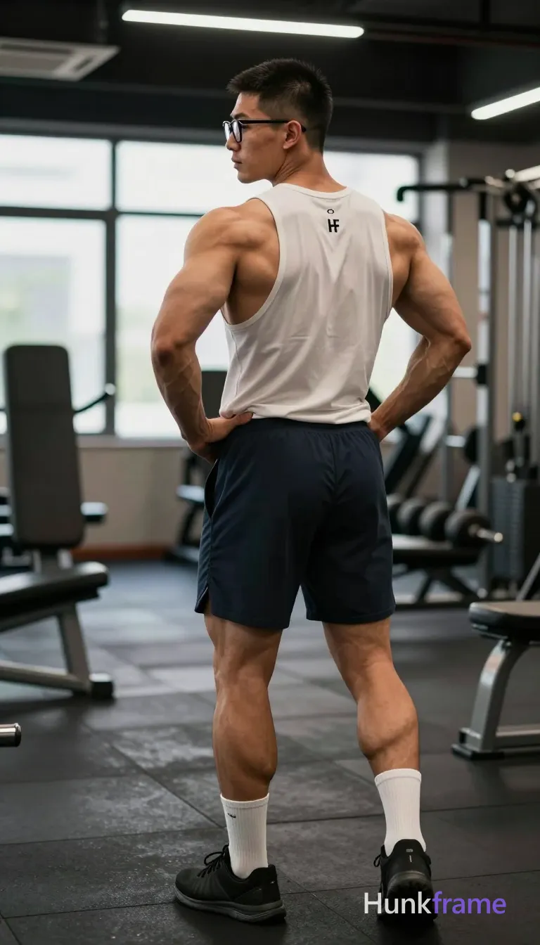 an anonymous figure man with light to medium tan skin, short dark buzz cut, black-rimmed rectangular glasses worn securely on face; Standing in profile facing left, head turned back over right shoulder, hands on hips thumbs inside waistband of shorts; Wearing white sleeveless athletic tank top 'HF' printed vertically down center back with small logo at neckline, dark navy mid-thigh athletic shorts with side slits, white crew socks to ankle bone, black athletic sneakers; Indoor gym environment with large windows and exercise equipment background including weight bench and dumbbells; Overhead fluorescent strip lighting creating even illumination with soft shadows diffused ambient light source; High contrast lighting emphasizing muscle definition of broad shoulders defined deltoids trapezius muscles visible latissimus dorsi toned abdominal area thick quadriceps well-defined calves; Full body centered vertical portrait 13:19 aspect ratio clean composition focused rugged warm confident masculine mood fine-art photography premium bear energy aesthetic; The adult man visibly wears black-rimmed rectangular glasses with thin frames; lenses clear without tint; worn securely on; single clean uninterrupted photograph with a cohesive editorial composition and plain continuous surrounding surfaces