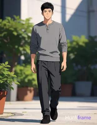 Asian man with short black textured hair and neat fringe walking forward in polished anime 2.5D next