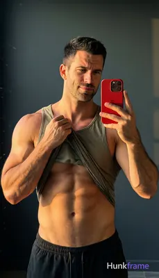 A polished adult masculine man with short black hair stands facing mirror, left 