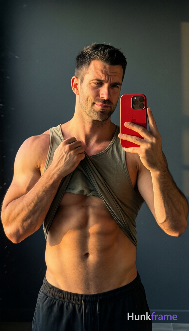 A polished adult masculine man with short black hair stands facing mirror, left