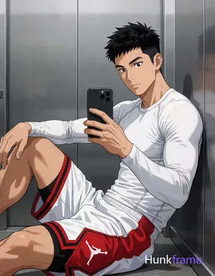 Polished anime style rendering of Asian man with short spiky black hair seated against gray elevator