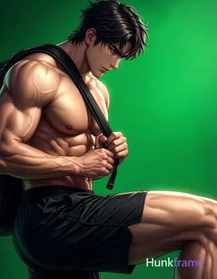 A polished anime style illustration of a muscular adult man with dark short slightly wavy hair and c