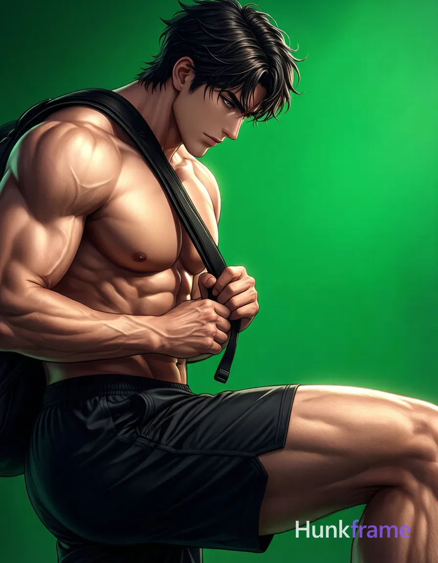 A polished anime style illustration of a muscular adult man with dark short slightly wavy hair and clean-shaven face. He is seated or crouched leaning forward, shirtless to show defined pectorals, deltoids, and abdominal definition on light to medium skin wearing black athletic shorts. His right thigh extends prominently into the bottom-right corner while holding a black strap draped over his shoulder with both hands near waist level. The composition occupies the right two-thirds of frame against a saturated green background. High-contrast dramatic directional lighting sculpts the physique in high-quality 2.5D next-gen game art style, creating an intense focused mood. Include exactly one visible wordmark, spelled exactly "HUNKFRAME", in the same compositional text position; preserve its appropriate typography and scale. No other visible text, logo, caption, username, hashtag, comment, watermark, or UI chrome., a single uninterrupted photograph only, no written words or typography anywhere in frame, no captions, no app UI, no social-media post layout, no screenshot borders