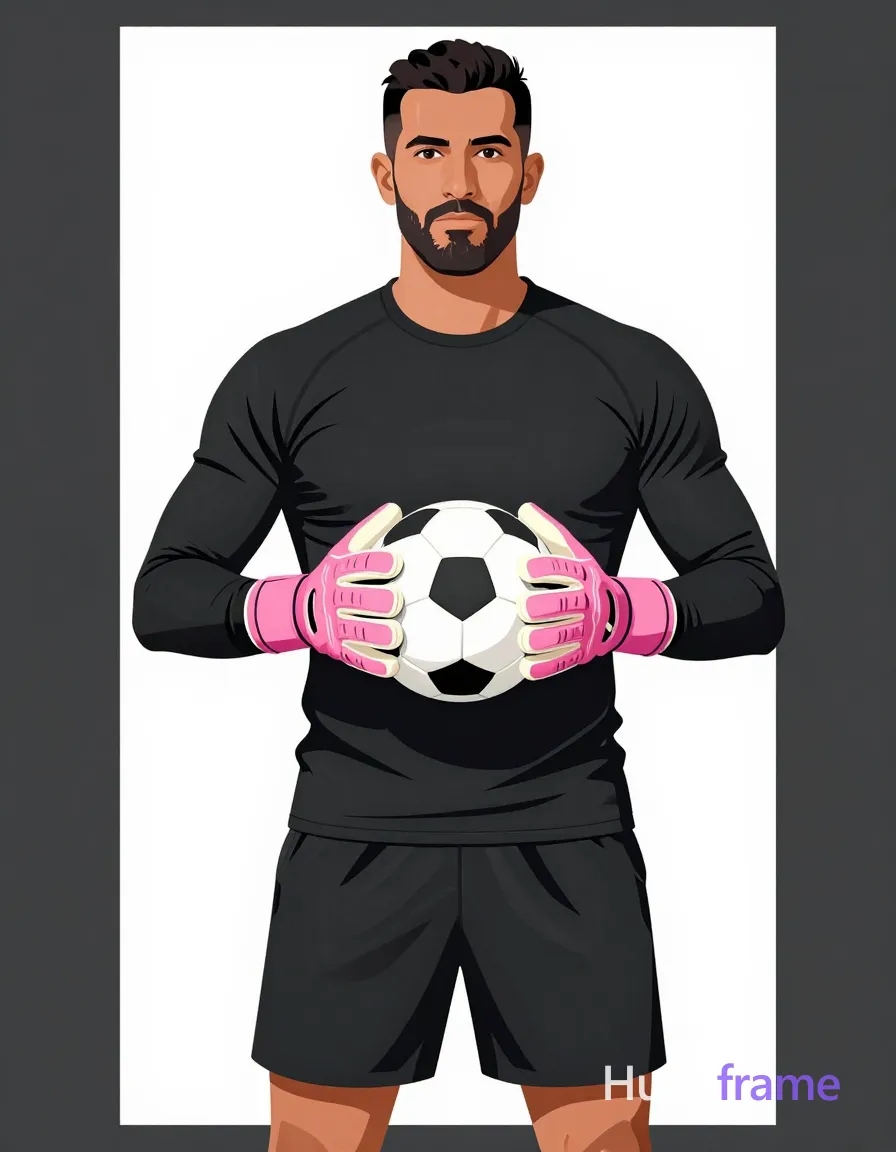 Bold flat-color wall art graphic of an adult man with medium-dark skin and short dark hair styled back, standing front-facing in a centered waist-up portrait. He wears a black long-sleeve athletic compression shirt fully covering the torso and black athletic shorts with visible waistband, hands holding a soccer ball at chest level while wearing pink goalkeeper gloves. The setting features clean vector lines separating high-contrast color blocks of dark gray skin tones against stark white background elements. Dramatic directional lighting creates strong shadows on broad shoulders and defined arms without texture noise. Serious direct gaze anchors the composition in this premium editorial poster design., same aesthetic theme and photo feel as the reference but a different man in a different pose with distinct body proportions, Middle Eastern man, tan skin, dark beard shadow, muscular but natural proportions, a single uninterrupted photograph only, no written words or typography anywhere in frame, no captions, no app UI, no social-media post layout, no screenshot borders