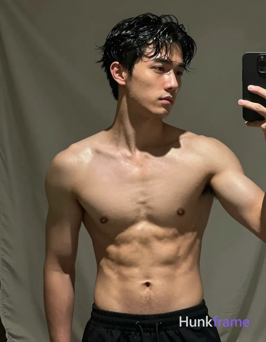 Asian man with short dark black slightly wavy wet-looking hair parted left, clean-shaven face neutral contemplative gaze away from camera; Shirtless broad shoulders defined pectorals six-pack abs visible obliques wearing black athletic shorts waistline; Selfie angle torso angled right head turned left up arms extended holding device implied; Indoor dimly lit room soft overhead lighting draped fabric background high-contrast selfie aesthetic skin texture emphasized moisture sheen on skin and hair intimate dramatic masculine mood portrait centered filling frame mid-thigh to head; single clean uninterrupted photograph with a cohesive editorial composition and plain continuous surrounding surfaces