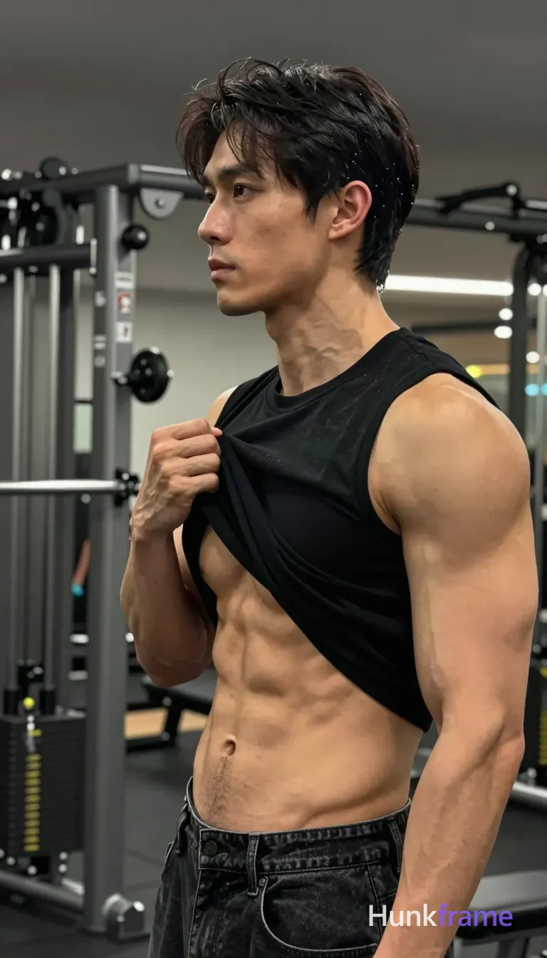 Photograph of exactly 1 adult man. Man 1: Asian, light-medium, oval with defined jawline, short dark hair, slightly tousled texture, side parting visible, clean-shaven with slight stubble on chin and jawline. Man 1 has fully exposed eyes, eyebrows, temples and nose bridge. Asian man with light-medium skin, defined pectoral muscles plus six-pack abs. Standing in profile facing left mirror while pulling black t-shirt up to expose chest. Black crew-neck shirt partially lifted over dark denim jeans with visible belt loops. Vertical portrait crop showing subject occupying majority of frame space center-right foreground. Indoor gym environment featuring weight racks, exercise equipment in background behind him. Overhead recessed lighting creating soft shadows on ceiling panels above the scene. Fine-art photography with high contrast sharp focus emphasizing sculpted musculature