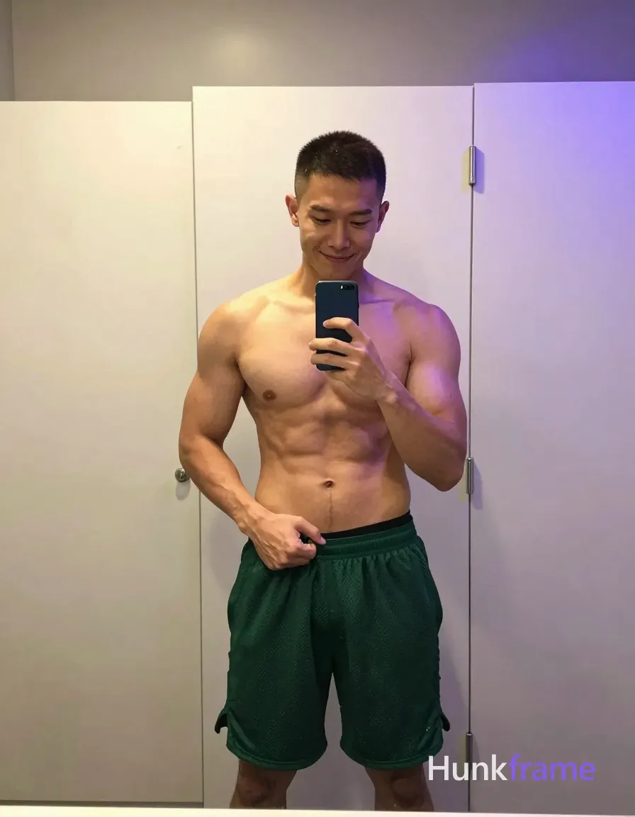 Asian man with short buzz cut dark brown hair and clean-shaven face stands shirtless in front of a large mirror taking a selfie; He wears green mesh athletic shorts mid-thigh length showing black underwear waistband above, exposing chest abdomen hips; Broad shoulders defined pectorals six-pack abs thick thighs visible as he holds dark blue smartphone left hand at chest level right hand gripping waistband smiling relaxed confident; Indoor bathroom dressing room setting with white door background purple ambient glow from right warm overhead light soft highlights slightly grainy texture vertical full-body shot head to mid-thighs center-left composition mirror reflection fills background; single clean uninterrupted photograph with a cohesive editorial composition and plain continuous surrounding surfaces