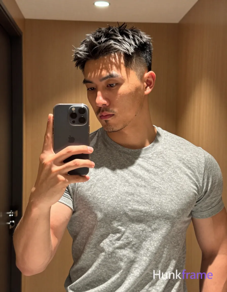an anonymous figure man with light-medium warm skin and short textured dark hair featuring grey silver highlights, tapered fade sides back styled upward crown. Light stubble on chin upper lip neatly trimmed beard outline. Focused contemplative gaze at phone screen standing in front mirror holding smartphone left hand capture selfie reflection right arm partially visible along side. Holding silver framed smartphone with black textured case against chest using left hand fingers curled around edges phone angled toward mirror for self-capture. Grey short-sleeve crew-neck t-shirt fully clothed adult lean build rugged warm confidence broad shoulders meaty chest dense body hair bear energy vibe. Indoor room warm wood-paneled walls recessed ceiling lighting partial view dark-framed door cabinet left edge. Warm ambient indoor light shallow depth of field on face and hands portrait center-right composition head upper torso dominate frame left hand phone occupy left third mirror selfie aesthetic natural lighting., shot on iPhone 15 Pro main camera, authentic smartphone computational photography, natural Smart HDR, vertical 9:16 Xiaohongshu lifestyle post, bright clean gym or cafe scene, wardrobe matching reference outfit, confident everyday blogger pose, phone photo with natural grain, phone held naturally in one hand for selfie, phone visible in frame, a single uninterrupted photograph only, no written words or typography anywhere in frame, no captions, no app UI, no social-media post layout, no screenshot borders