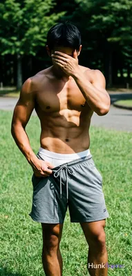Asian man with tanned skin and short black hair stands centered on green grass, left hand lifting wa