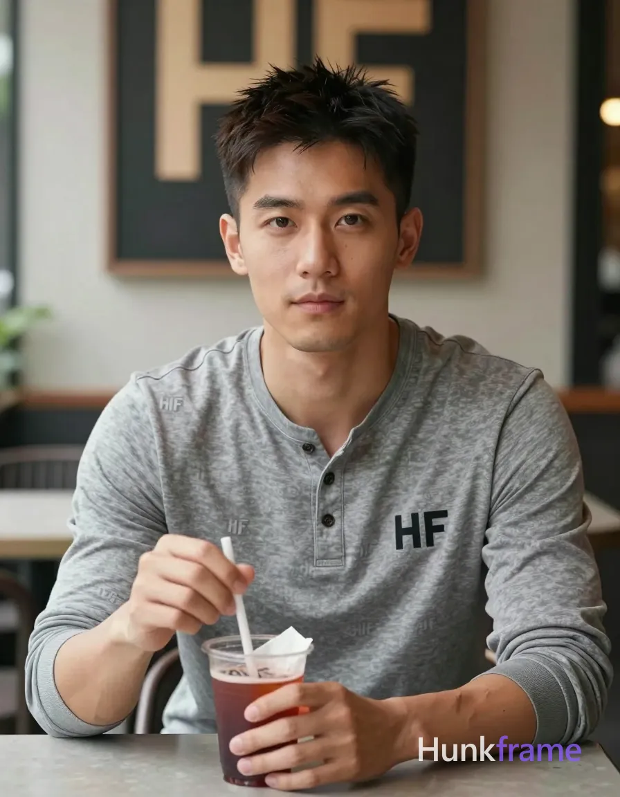 an anonymous figure man with short textured dark brown hair and clean-shaven chin, seated upright at outdoor café table holding a straw in right hand and napkin near red drink; Wearing grey long-sleeve henley shirt with three-button placket, slim build, light-medium skin tone under natural sunlight; Vertical wall art 13:19 ratio, chest-up centered against softly blurred foliage background; Shallow depth of field bokeh, high-resolution fashion editorial quality lighting; FULL GARMENT TEXT REPLACEMENT: remove every source garment word, sentence, slogan, logo, and partial brand spelling from every existing print area, then replace those source marks with only the wordmark, spelled exactly "HF"; This is replacement, Repeated "HF" marks are allowed only where the source garment already had printed text; preserve appropriate placement, typography, color, and scale, logo, caption, username, hashtag, comment, watermark, or UI chrome, same aesthetic theme and photo feel as the reference but a different man in a different pose with distinct body proportions, Chinese man, light tan skin, high cheekbones; single clean uninterrupted photograph with a cohesive editorial composition and plain continuous surrounding surfaces