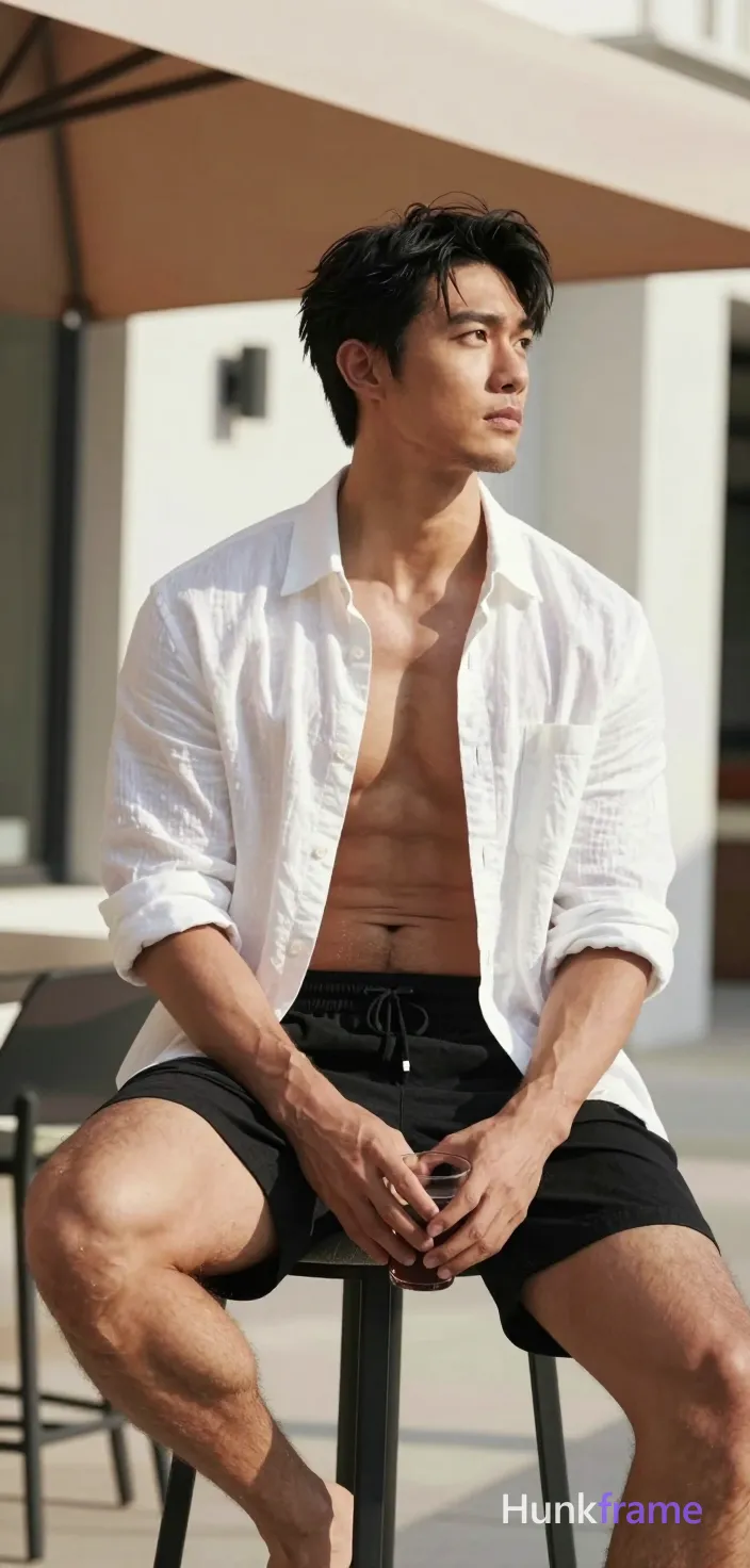 Asian man with light-medium skin and black short hair styled with volume, clean-shaven face looking upward right. Seated on high stool torso angled left holding dark drink between knees in white textured linen shirt unbuttoned at top revealing upper chest clavicles pectorals abdomen defined abs sleeves rolled wearing black drawstring shorts ending above knee weight shifted onto left leg broad shoulders thick thighs rugged warm confidence dense body hair implied by build outdoor patio under beige awning casting soft shadows on white stucco wall modern building facade background right bright natural sunlight from upper left creating strong highlights shallow depth of field keeping subject sharply focused softly blurring architectural elements behind vertical phone-camera aesthetic head-to-thighs framing excluding feet entirely center-left composition occupies majority frame relaxed confidence sun-drenched leisure premium lifestyle editorial tone high-contrast outdoor lighting emphasizing muscle definition clean lines minimal background distractions typical of fashion photography, same aesthetic theme and photo feel as the reference but a different man in a different pose with distinct body proportions, Slavic man, pale skin, ash blond stubble, tall athletic frame, a single uninterrupted photograph only, no written words or typography anywhere in frame, no captions, no app UI, no social-media post layout, no screenshot borders
