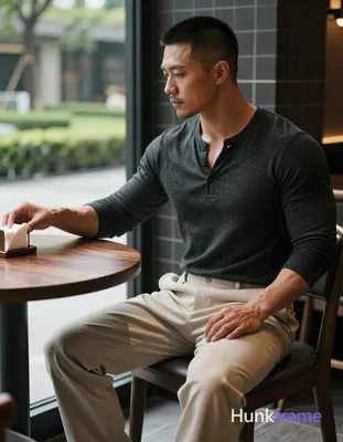 Asian man with medium-tan skin and short buzz cut, clean-shaven chin with light