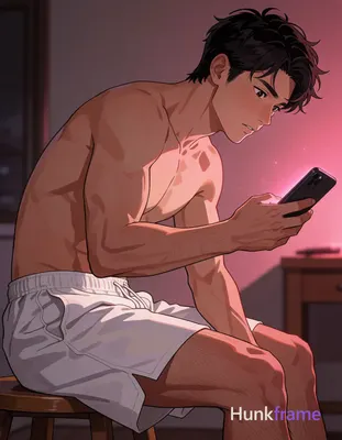Polished anime style illustration of adult Asian man with tanned skin and short dark tousled hair; S