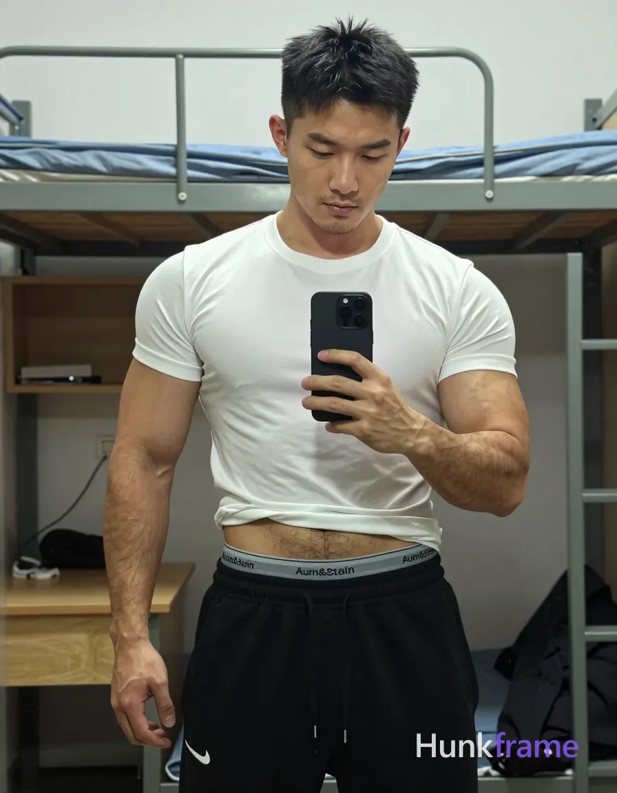 an anonymous figure man with light to medium tan skin, short textured black hair styled upward at the crown, tapered sides and back; Light stubble along jawline and upper lip; clean-shaven chin area; Neutral expression focused downward on phone screen; Standing upright facing slightly right in a dorm room interior with metal-framed bunk bed behind subject, wooden desk visible; White crew-neck short-sleeve t-shirt with slight wrinkling at hem, black drawstring sweatpants with white Nike swoosh on left thigh and waistband, gray Aum&Stein branded underwear waistband visible above pants; Broad shoulders, defined biceps and triceps, flat abdomen with visible waistband of underwear; Left arm bent holding black smartphone in front of chest to take mirror selfie; right arm relaxed by side, hand open; Full-body shot in mirror reflection from mid-thighs up to head centered in frame; Soft ambient indoor lighting reflecting off glass surface, clean lines and minimal distractions; Muscle bear aesthetic with rugged warm confidence and dense body hair on left forearm visible under shirt; Vertical; single clean uninterrupted photograph with a cohesive editorial composition and plain continuous surrounding surfaces