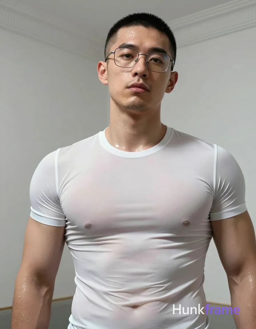 an anonymous figure adult man with short black buzz cut and metal-framed rectangular glasses, clean-shaven chin with light upper lip stubble; Standing upright facing camera with slight head tilt in a tasteful suggestive pose; left arm partially visible at side, right arm out of frame gesturing subtly near the sheer garment edge; Wearing white an anonymous figure compression shirt with sheer fabric revealing chest musculature through crew neck and short sleeves; Indoor room corner setting with white walls and ceiling molding; Low-angle perspective capturing high-contrast flash highlights on sweaty skin texture and fabric sheen to tease exposure; Cropped at waist level showing broad shoulders, defined pectorals, visible abdominal definition; Hyper-realistic detail in fine-art photography style; The adult man visibly wears metal-framed rectangular glasses with thin rims, clear lenses; preserve the exact frame shape, rim style, color, material, and lens tint, same aesthetic theme and photo feel as the reference but a different man in a different pose with distinct body proportions, Scandinavian man, very fair skin; single clean uninterrupted photograph with a cohesive editorial composition and plain continuous surrounding surfaces