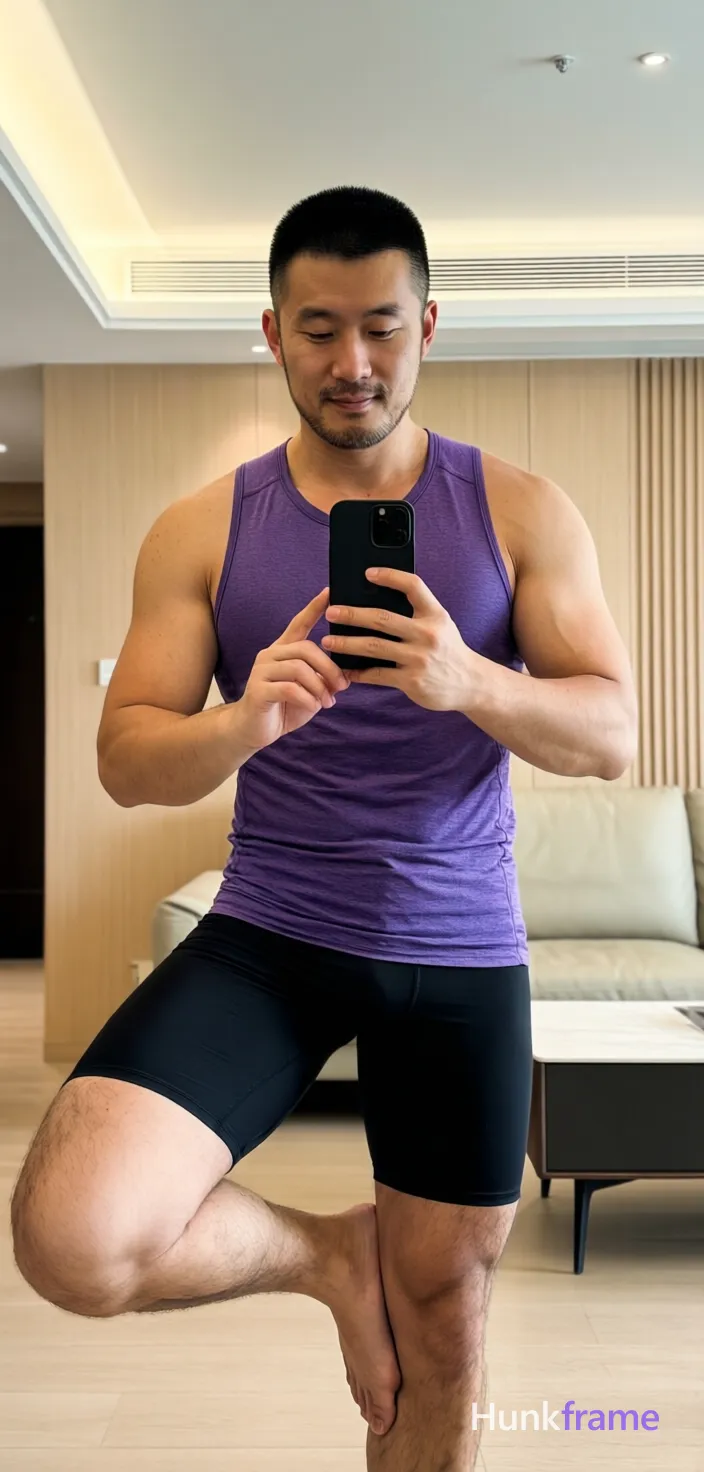 Asian man with short black buzz cut and light stubble stands in a modern apartment living room, right leg bent foot resting on left knee; He wears a tight purple sleeveless athletic tank top exposing chest hair and abdomen over broad shoulders and thick thighs, paired with mid-thigh black compression shorts; Holding a black smartphone with both hands to capture the view, thumbs poised for interaction under soft ambient indoor lighting from overhead fixtures against light wood paneling and beige walls; Slightly tilted angle portrait composition emphasizing defined pectorals and muscular calves in confident casual mood, shot on iPhone 15 Pro main camera, authentic smartphone computational photography, natural Smart HDR and true-to-life skin texture, vertical 9:16 Xiaohongshu lifestyle feed, bright clean everyday scene, unretouched phone photo with subtle sensor grain, trendy Chinese internet 网红 aesthetic, candid influencer energy, phone held naturally in one hand for selfie, phone visible in frame; single clean uninterrupted photograph with a cohesive editorial composition and plain continuous surrounding surfaces