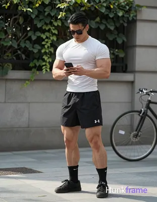 Asian man with short black side-parted slick-back hair and dark-tinted rectangular sunglasses stands